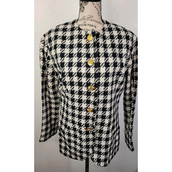 VTG Carlisle Blazer SZ 8 Houndstooth Tweed Jacket 100% Silk White Black Preppy - Picture 2 of 8